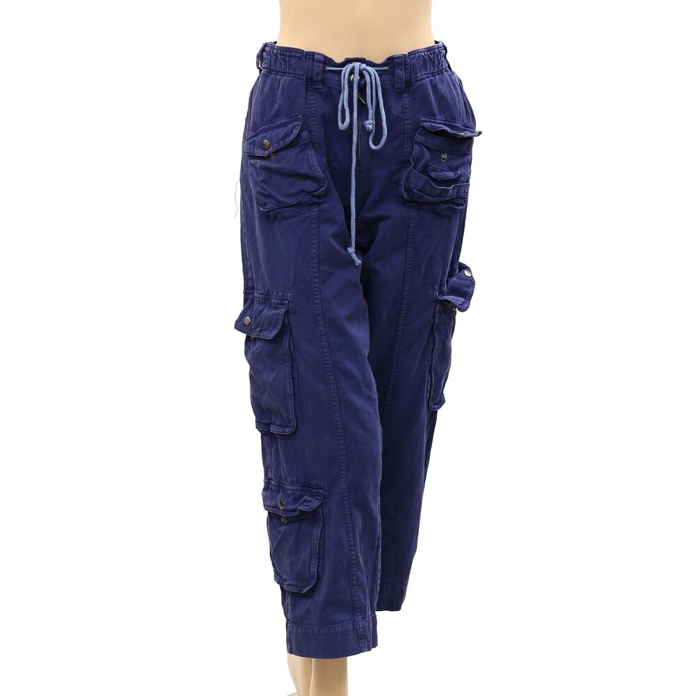 Free People Cargo Trousers Pants Low-Rise Denim Solid Smocked Cotton M 287663 - Picture 1 of 4